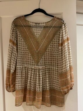 Rose & Olive Cream Semi Sheer Tunic with Tan and Gold Paisley Trim - Large